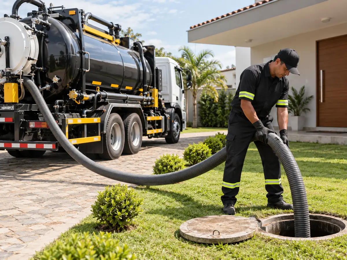 Caminhão e profissional realizando limpeza de fossa